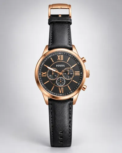 Relógio Fossil Flynn Chronograph - Couro Preto - Dourado/Rose Gold