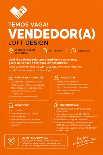 Vaga Vendedor(a) - LOFT ITAGUAÇU 