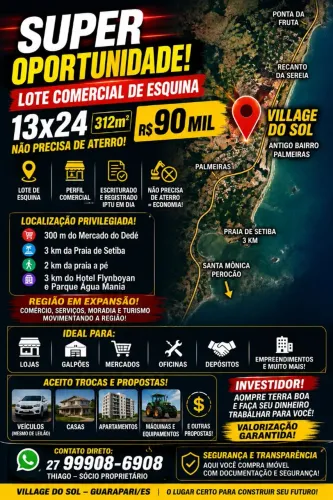 Lote Village, Guarapari, sem necessidade de aterro, ótimo para criação, parcelo, troco