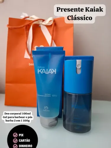 Presente masculino Natura Kaiak, Humor a Rigor ou Essencial. Deo corporal e shampoo barba