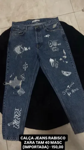 Calça Jeans Zara Masculina com Estampa de Rabiscos / Customizada - Tam 40