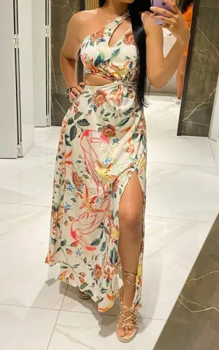 Vestido longo estampado, frente única com fenda
