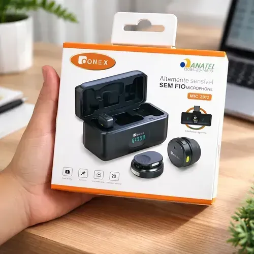 Microfone de Lapela ONEX Preto Sem Fio Omnidirecional Recarregável