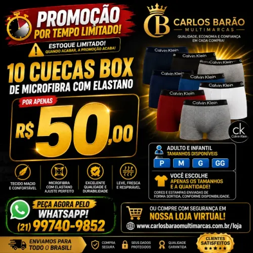 Kit 10 Cuecas Box Microfibra com Elastano Adulto e Infantil P ao GG