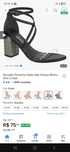 Sandalia de salto preta tira vinil transparente salto brilhante te GilGil