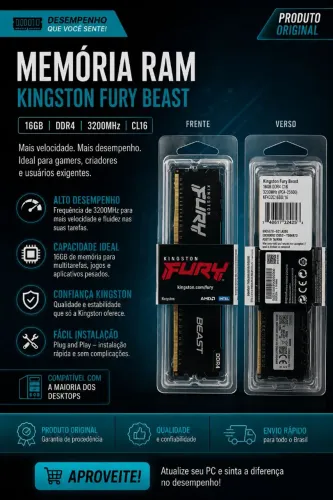 Memória RAM Kingston Fury Beast 16GB DDR4 3200MHz CL16 KF432C16BB/16 (NUNCA USADA)