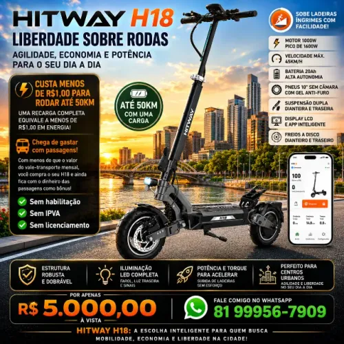 Patinete Elétrico Hitway H18 - 1600W (Pico) | Bateria Gigante | Garantia e Pneu Antifuro 