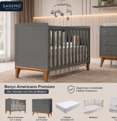 Berço Americano Premium Saremo Chumbo + Cômoda + Colchão + Kit Berço