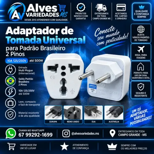 Adaptador de Tomada Universal para Padrão Brasileiro 2 Pinos 10A 125/250V até 500W