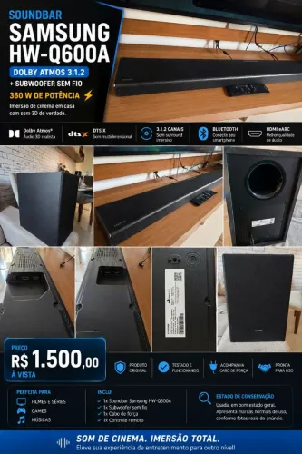  Soundbar Samsung HW-Q600A Dolby Atmos 3.1.2 + Subwoofer Sem Fio