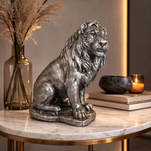 Escultura Leão Prateado Decorativo Gesso