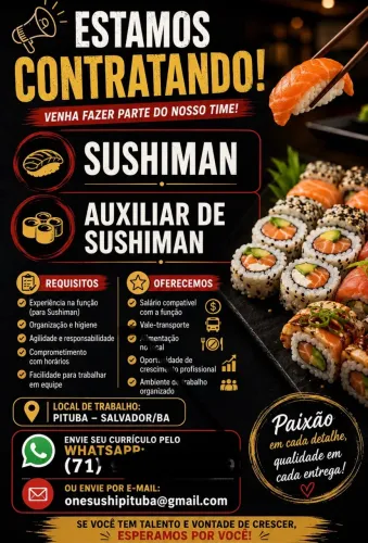 Vaga para sushiman e aux de sushiman