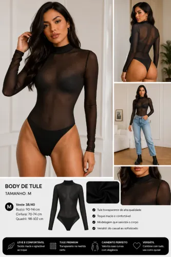 Body Tule Transparente Gola Alta Manga Longa Preto Tam M Veste 38/40 - Sexy