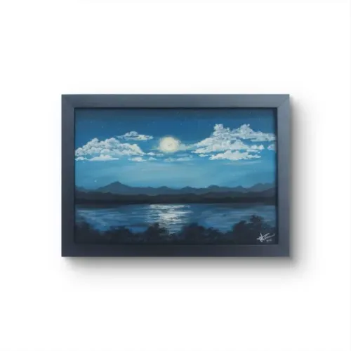 Quadro pintura em MDF - Paisagem-luz da lua 30x21cm com moldura