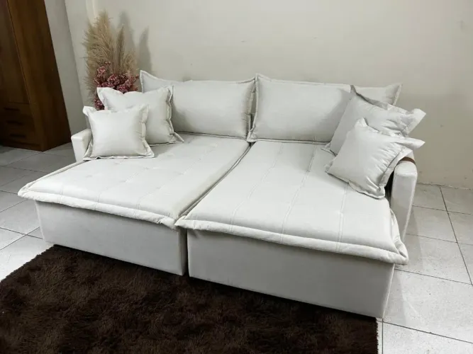 Sofá Cama Retrátil Reclinável Esparta 2.20m Linho / Marrom Courino  