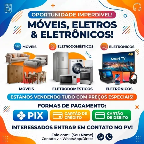 Televisão, geladeira, máquina, fogão, armário, guarda roupa, fones e caixa JBL e etc. NOVO