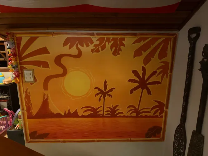 Painel pintado à mão - paisagem praia Hawaii, nascer do sol, Praia, mar, vulcão