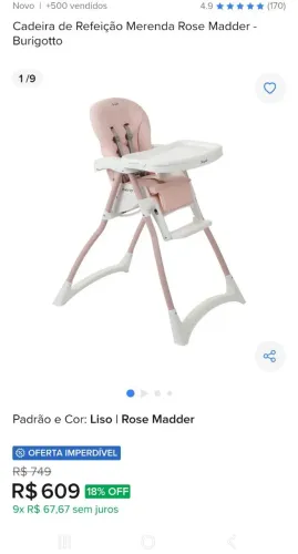 Vendo Cadeira de Refeição Merenda Rose Madder