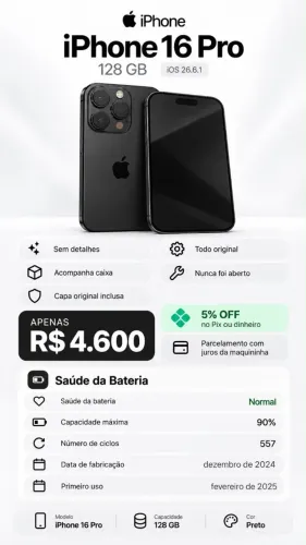 iPhone 16 pro 128g igual a novo. nunca aberto. 