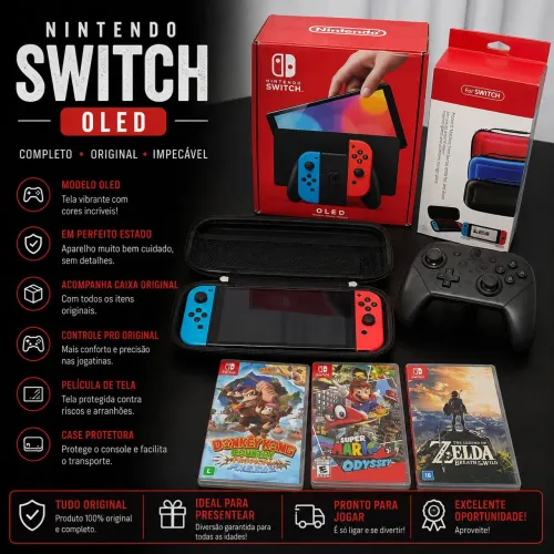 Nintendo Switch OLED + 3 Jogos + Pro Controller + Case + Caixa