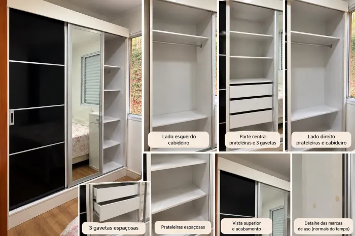 Guarda-roupa casal grande com espelho, portas de correr e gavetas