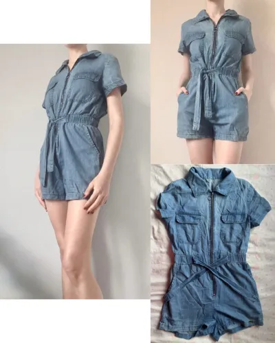 Macacão curto jeans de algodão acinturado com zíper e bolsos (PP)