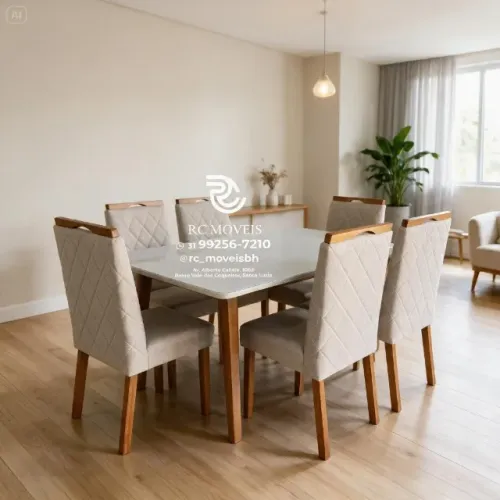 Conjunto Mesa de Jantar com 6 Cadeiras Madeira Maciça Tampo Vidro Laqueado 1,70x0,90