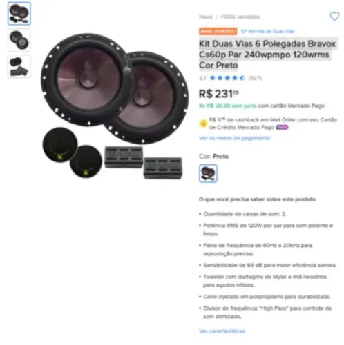 Kit Duas Vias 6 Polegadas Bravox Cs60p Par 240wpmpo 120wrms - Novo na Caixa Nunca Usado