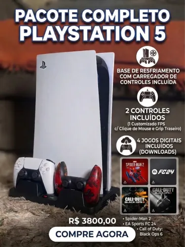 PlayStation 5 + 2TB SSD + 2 Controles (1 FPS Custom) + Base de Resfriamento
