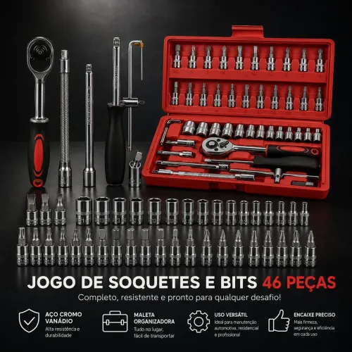 Kit de Ferramentas 46 peças - Jogo Soquetes, Chaves, Catraca reversível com MALETA.