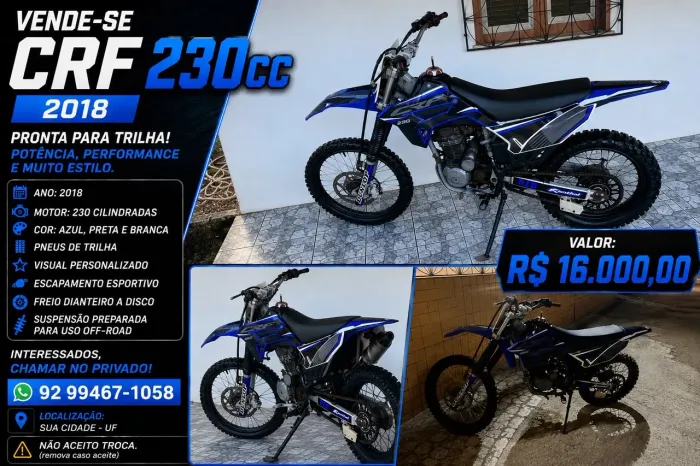 MOTO CRF 230 SEMINOVA QUASE NUNCA USADA (MOTIVO DA VENDA É POR FALFA DE TEMPO PARA USO)