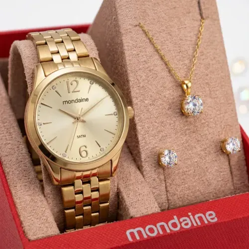 Relógio Mondaine Feminino Dourado Clássico com Semijoias Kit 32606lpmkde1k1
