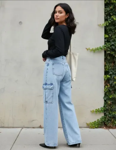 Calça Wide Leg Jeans Cargo - Usada