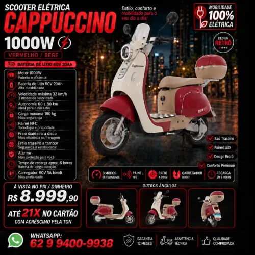 Scooter Elétrica New E-Bike Cappuccino 1000W Lítio 60V 20Ah NFC
