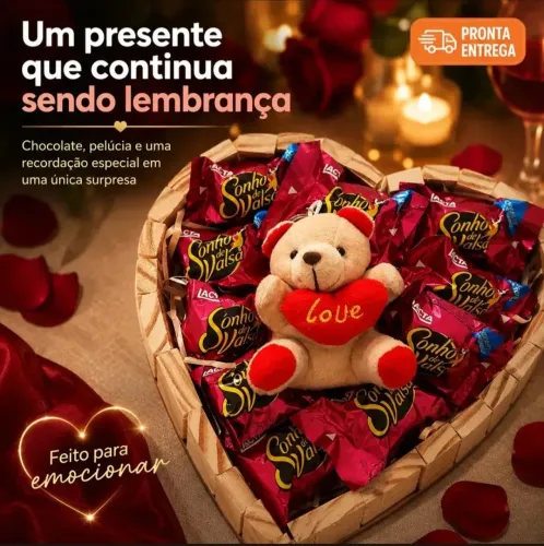 Cesta Coração Sonho de Valsa Urso - Presente dia dos Namorados