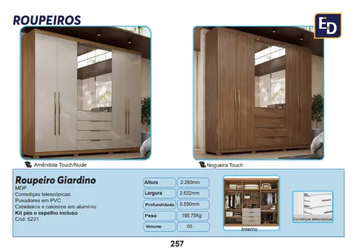 Roupeiro Giardino c/espelho e pés