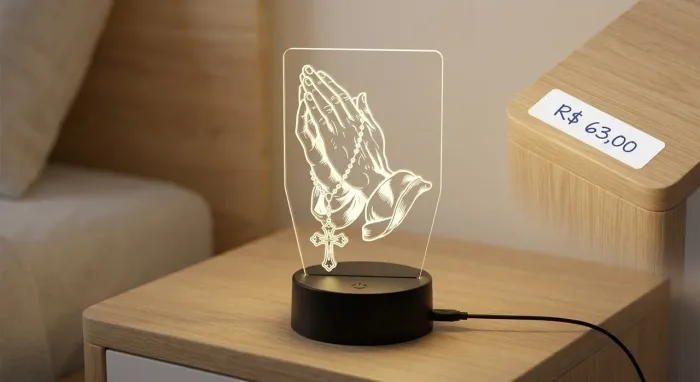 Luminária LED 3D Acrílico (Mãos em Oração com Terço)