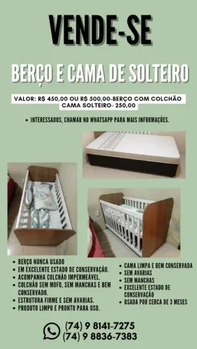 Vendo berço com colchão nunca usados e uma cama de solteiro