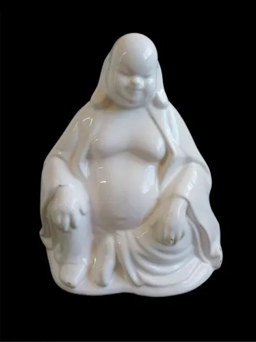 Buda Sorridente em faiança/cerâmica esmaltada branca craquelada, decoração Zen,23cm de alt