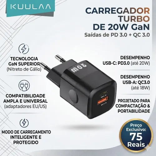 Carregador De Celular 20W Kuulaa Premium (Original e Lacrado)