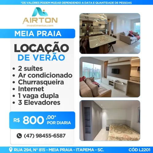 LOCAÇÃO DE VERÃO- 2 SUITES CLIMATIZADAS, 2 VAGAS,  EM MEIA PRAIA - ITAPEMA -SC