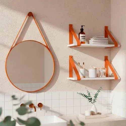Espelho Decorativo Redondo Adnet 60cm Couro Caramelo- Com Alça + Duas prateleiras branca 