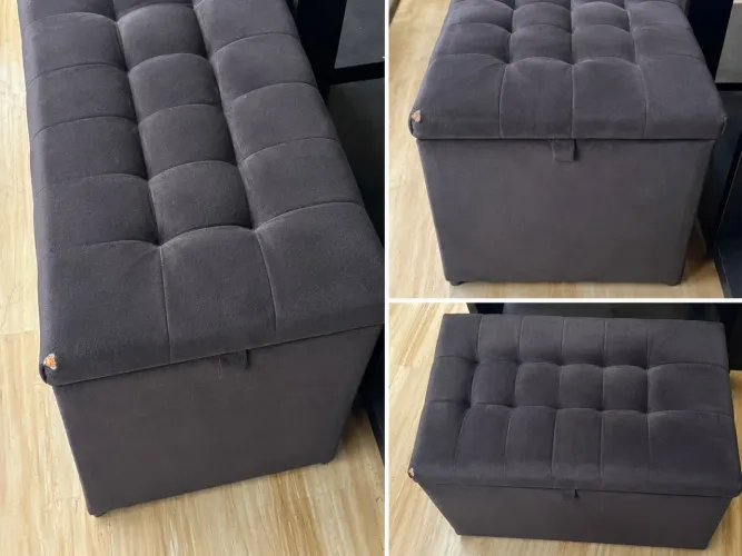 Puff Baú pé de cama 90 cm no Sued Capitone Organizador e Sapateira