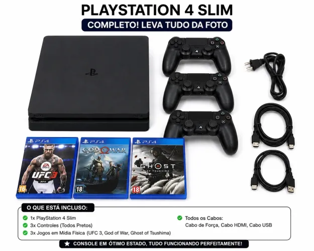 PS4 Slim + 3 Controles + 3 Jogos - Completo