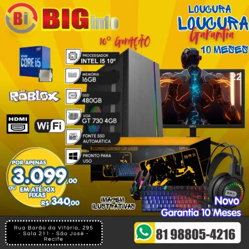 Computador Core I5 10400 Ddr4 16gb Ssd 480gb 500w Monitor 22 VGA 4gb - Em ate 10x
