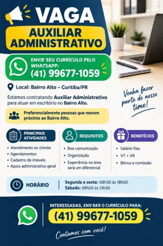 VAGA: AUXILIAR ADMINISTRATIVO - Bairro Alto / Curitiba