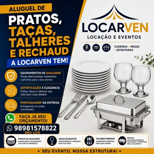 ALUGUEL DE PRATOS, TAÇAS, TALHERES E RECHAUD