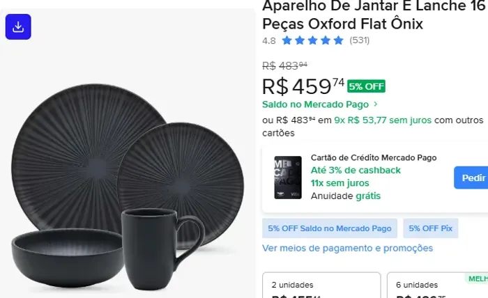 Aparelho de Jantar e Lanche Cerâmica 16 Peças Oxford Flat Ônix
