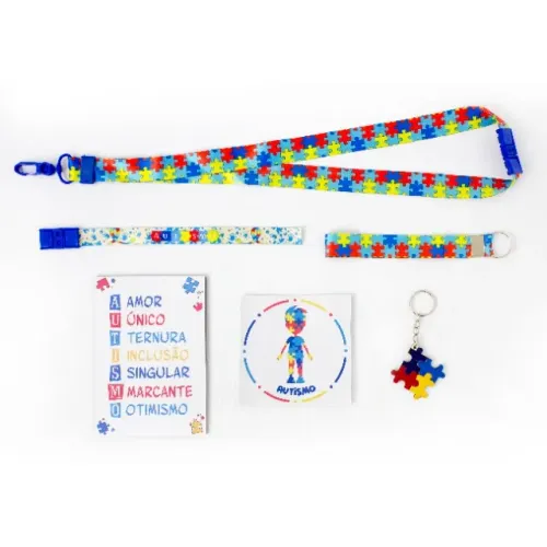 Kit Autismo Menino Com Cordão de Identificação + Placa + Adesivo + Chaveiros + Pulseira