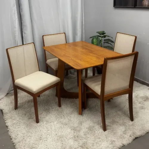 Mesa de Jantar Dubai Flex 120x80cm Sem Vidro e 4 Cadeiras Lara Kappesberg em Linho Madeira